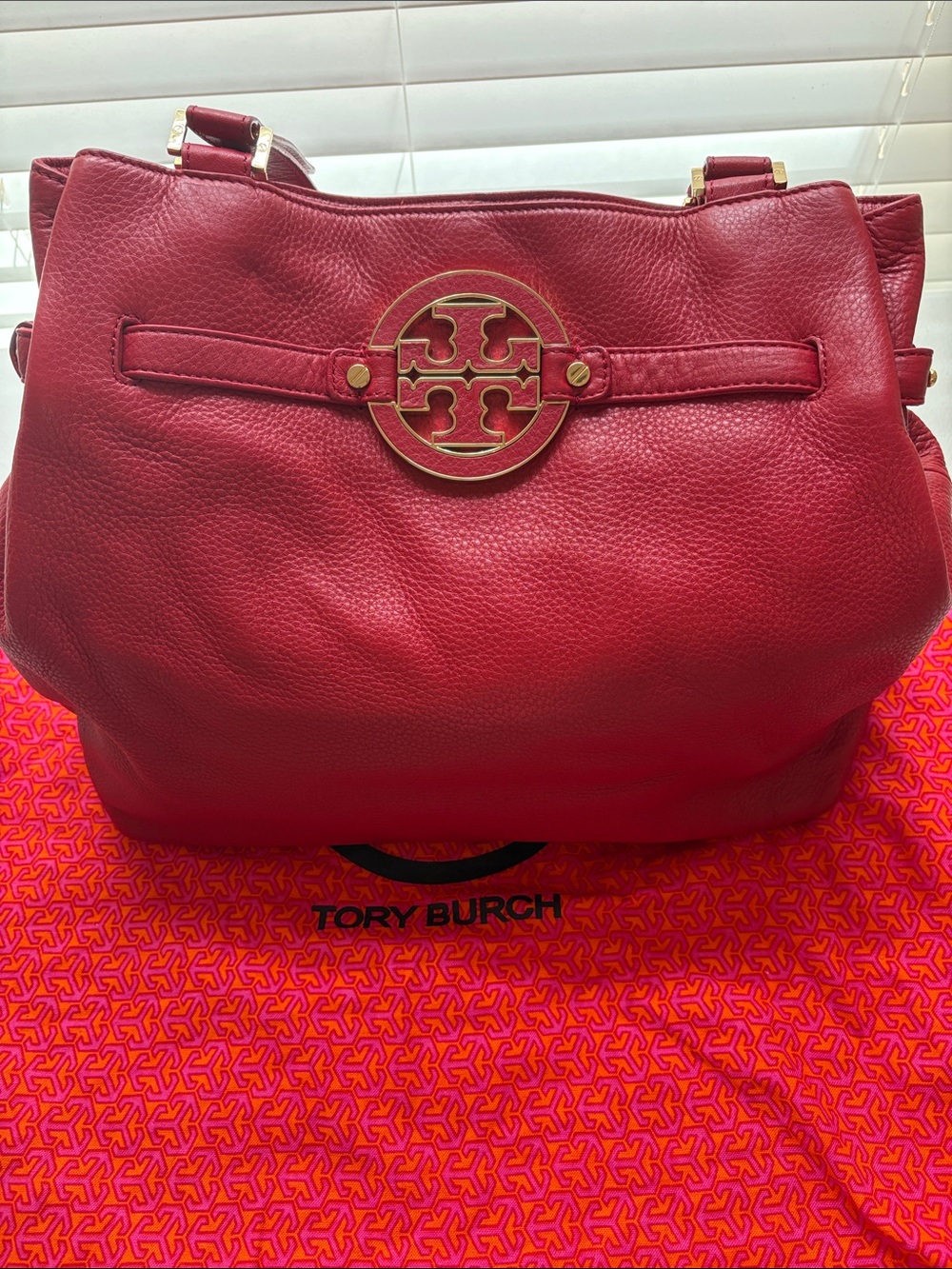 Tory Burch Cherry Red Pebbled Leather Shoulder Bag with Gold Logo